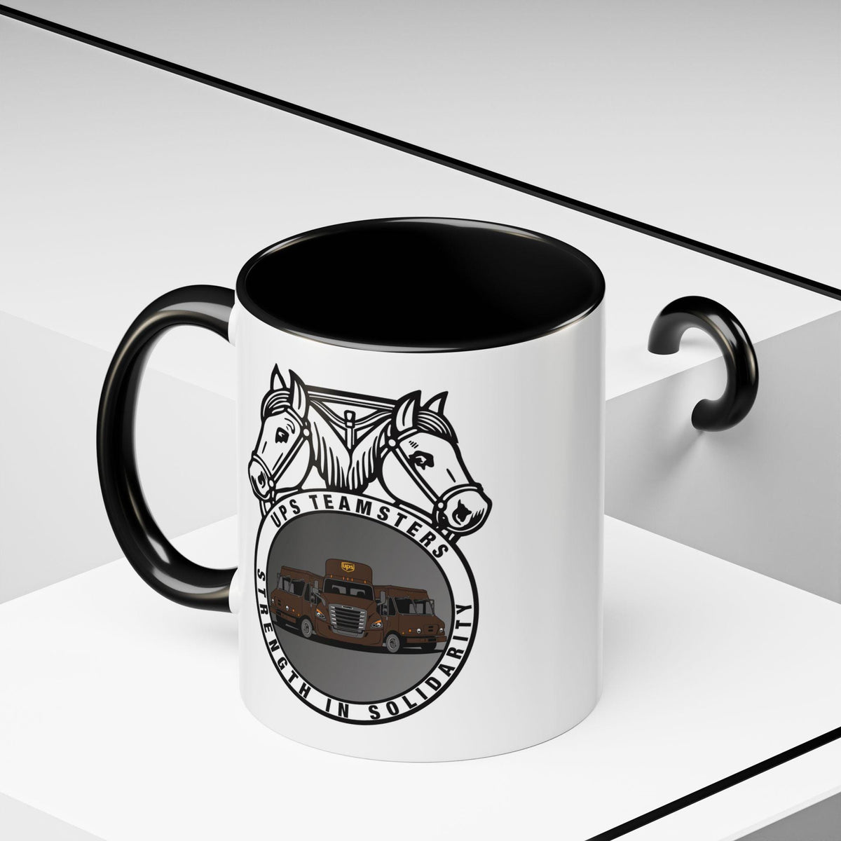 White mug with printed teamster and UPS truck design ceramic UPS peak season employee gift