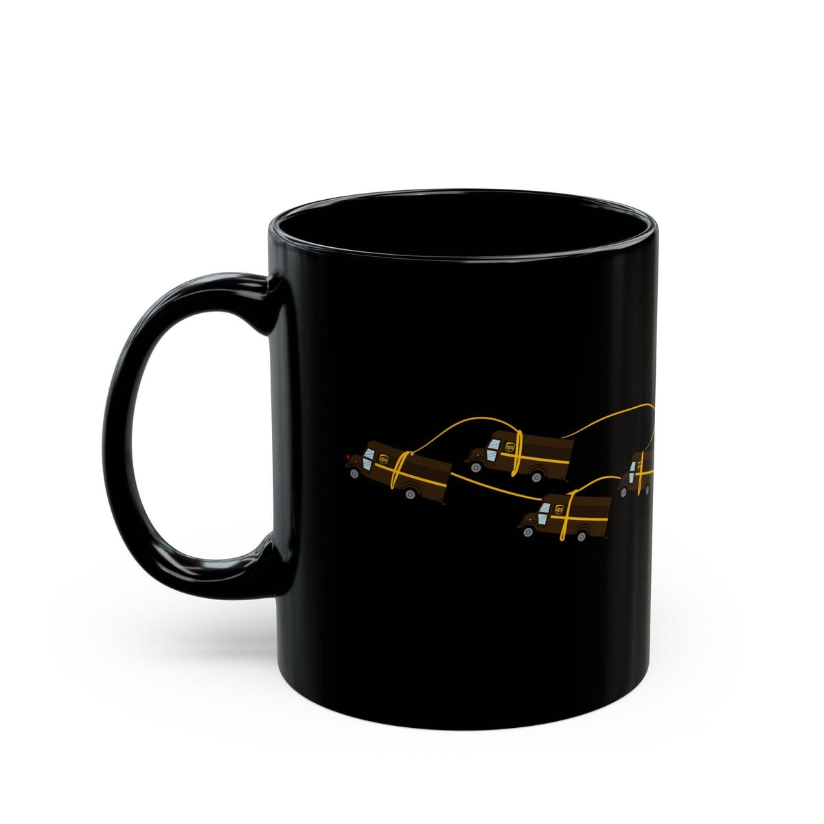 Black UPS Santa Mug with Happy Peak design and Santa riding UPS delivery fleet, 11oz ceramic cup UPS logo