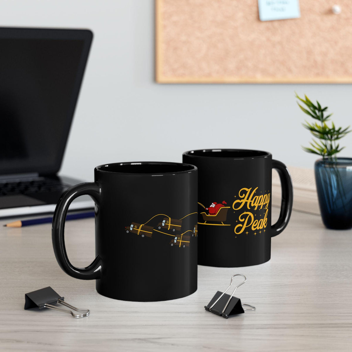 Black UPS Santa Mug with Happy Peak design and Santa riding UPS delivery fleet, 11oz ceramic cup