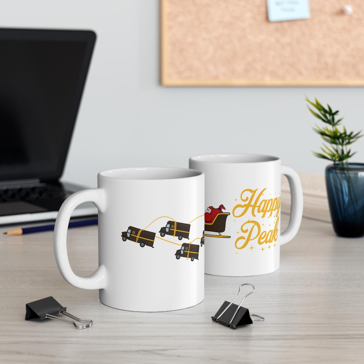 White 11oz ceramic UPS Happy Peak Mug with Santa sleigh and delivery trucks design, microwave and dishwasher safe