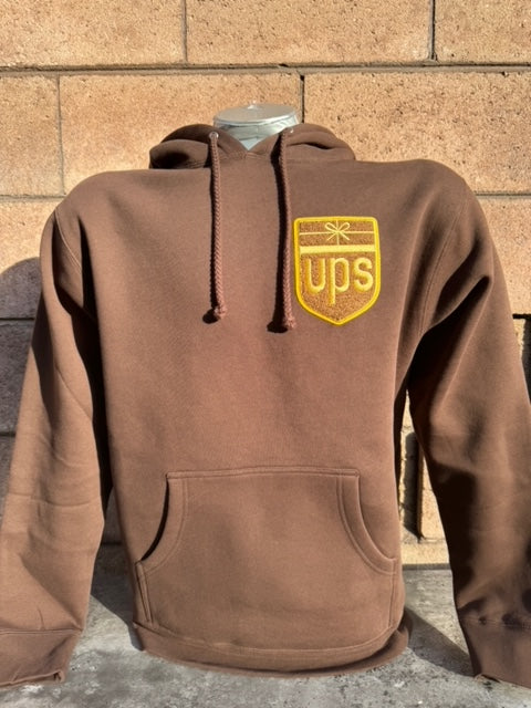UPS Hoodie – Heavyweight Brown Chenille Patch Sweatshirt (Left Chest Retro Logo)