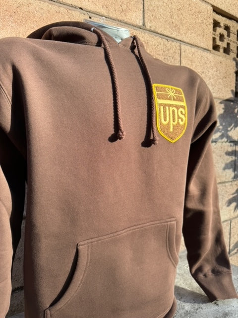 UPS Hoodie – Heavyweight Brown Chenille Patch Sweatshirt (Left Chest Retro Logo)