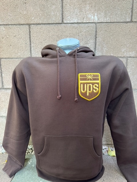 UPS Hoodie – Heavyweight Brown Chenille Patch Sweatshirt (Left Chest Retro Logo)