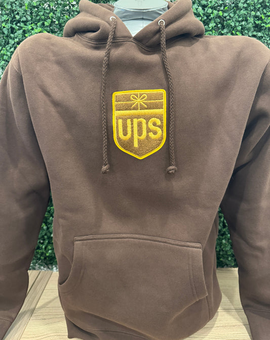 Brown hoodie with retro UPS logo chenille patch centered on chest