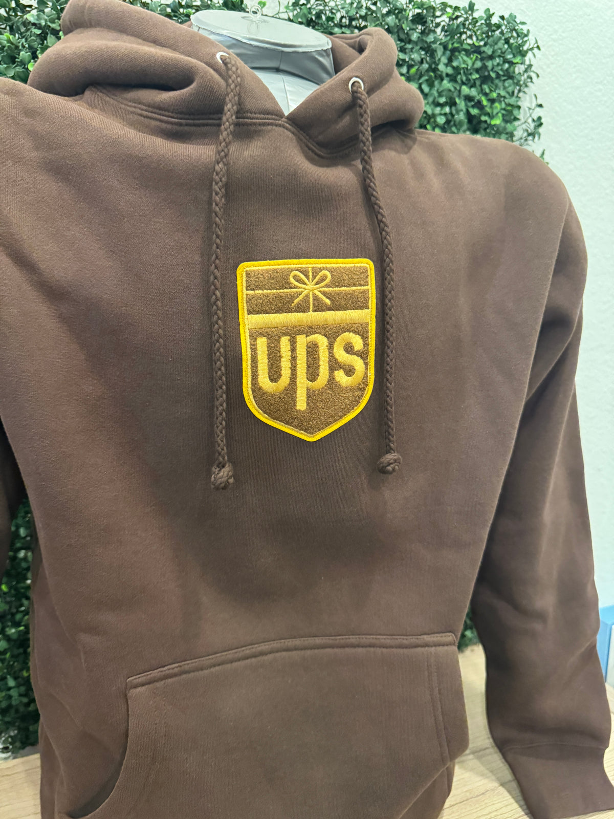 UPS Hoodie – Heavyweight Brown Chenille Patch Sweatshirt (Centered Retro Logo)