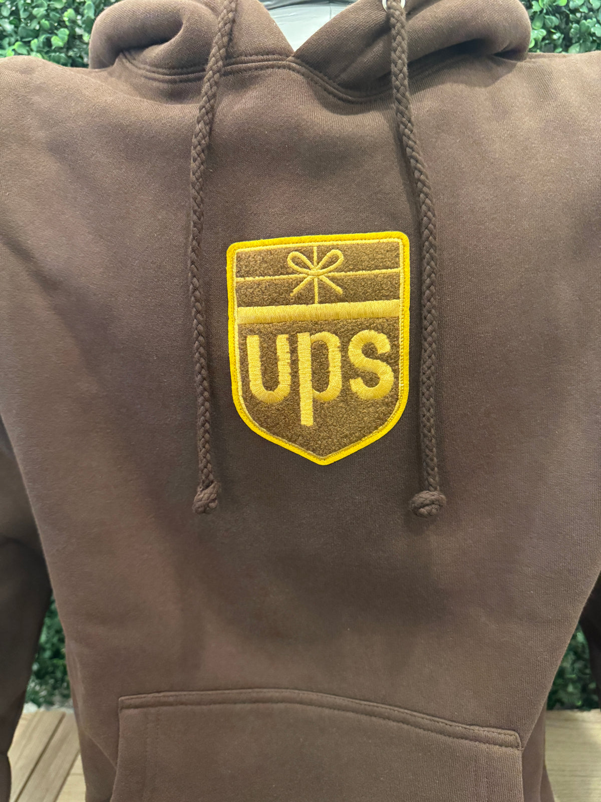 UPS Hoodie – Heavyweight Brown Chenille Patch Sweatshirt (Centered Retro Logo)