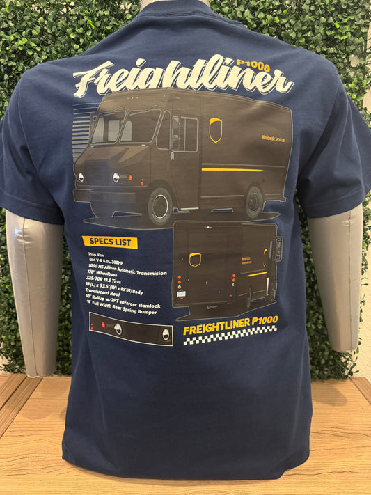 UPS Package Car Racing Tee with Freightliner P1000 design on navy cotton shirt