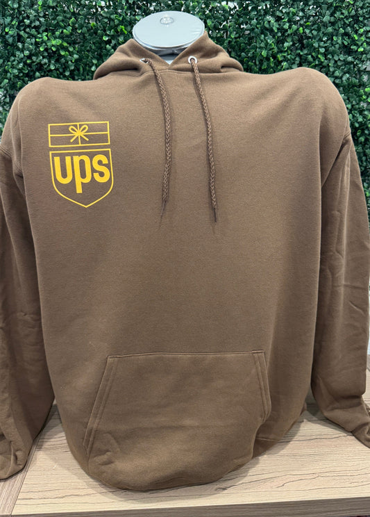 UPS Retro Logo screen printed brown hooded sweatshirt with front pocket and drawstring hood