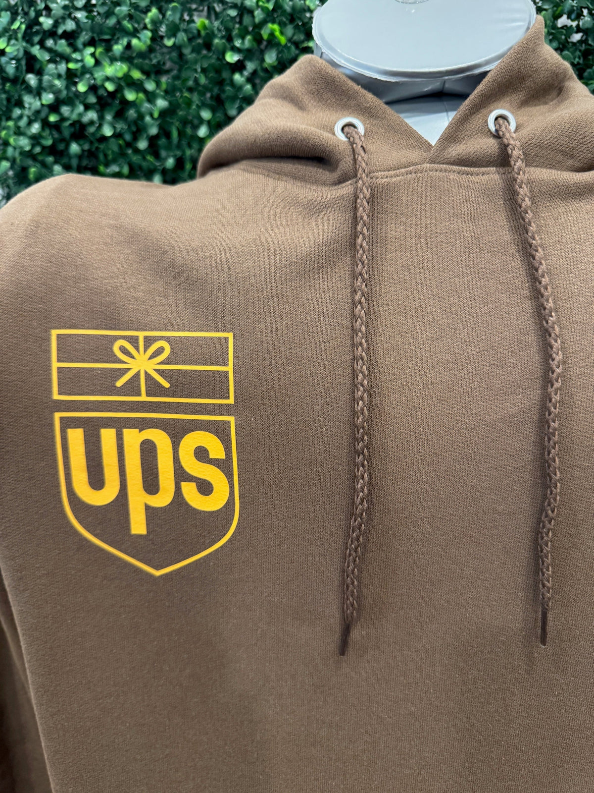 UPS Retro Logo Screen Printed Midweight Hooded Sweatshirt with Brown Hoodie and Yellow Logo.