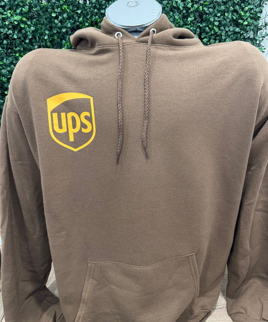 UPS logo screen printed brown midweight hoodie sweatshirt with kangaroo pocket and drawstring hood