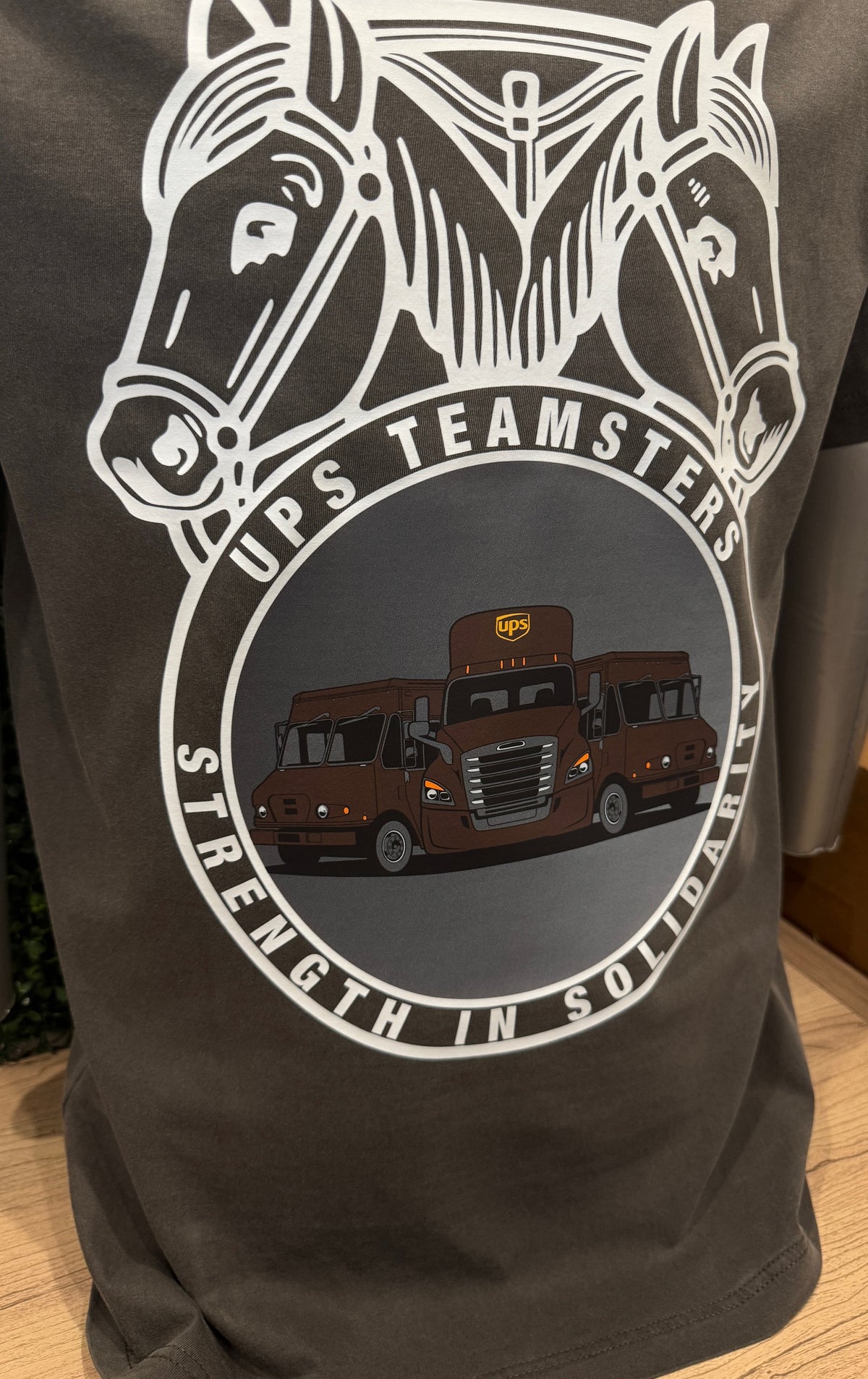 Gray t-shirt with a graphic of Teamster logo and a UPS trucks, featuring 'Teamsters' text. Strength in solidarity 
