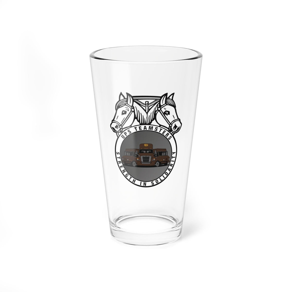 Clear 16oz UPS Teamsters pint glass with union emblem Teamster logo with UPS trucks