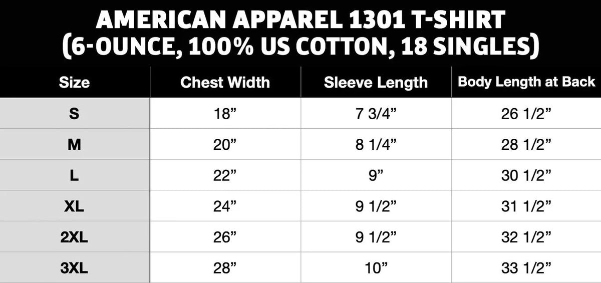 Size chart for American Apparel 1301 T-shirt with measurements in inches.