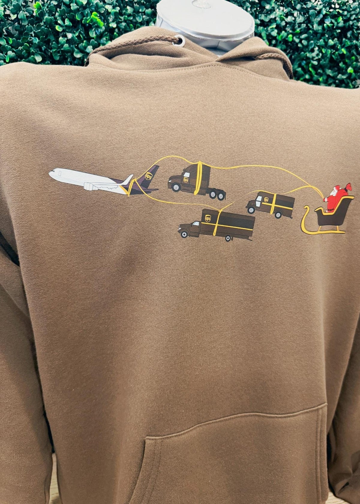 UPS airplane, package cars and Santa sleigh graphic hoodie